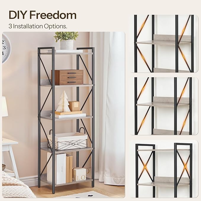 HOOBRO Bookshelf, 5-Tier Industrial Bookcase, Book Shelf Storage Organizer, T...