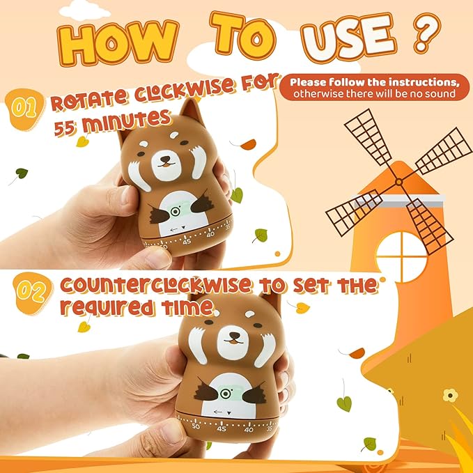 Amylove 4 Pieces Cute Kitchen Timer Animal Mechanical Manual Fox Raccoon Bear - Image 7