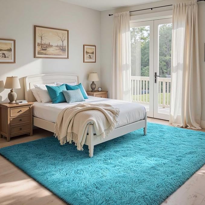 5x7 Ft Teal Shag Rugs for Bedroom Living Room Decor for Men Boys, Ultra Soft - Image 3
