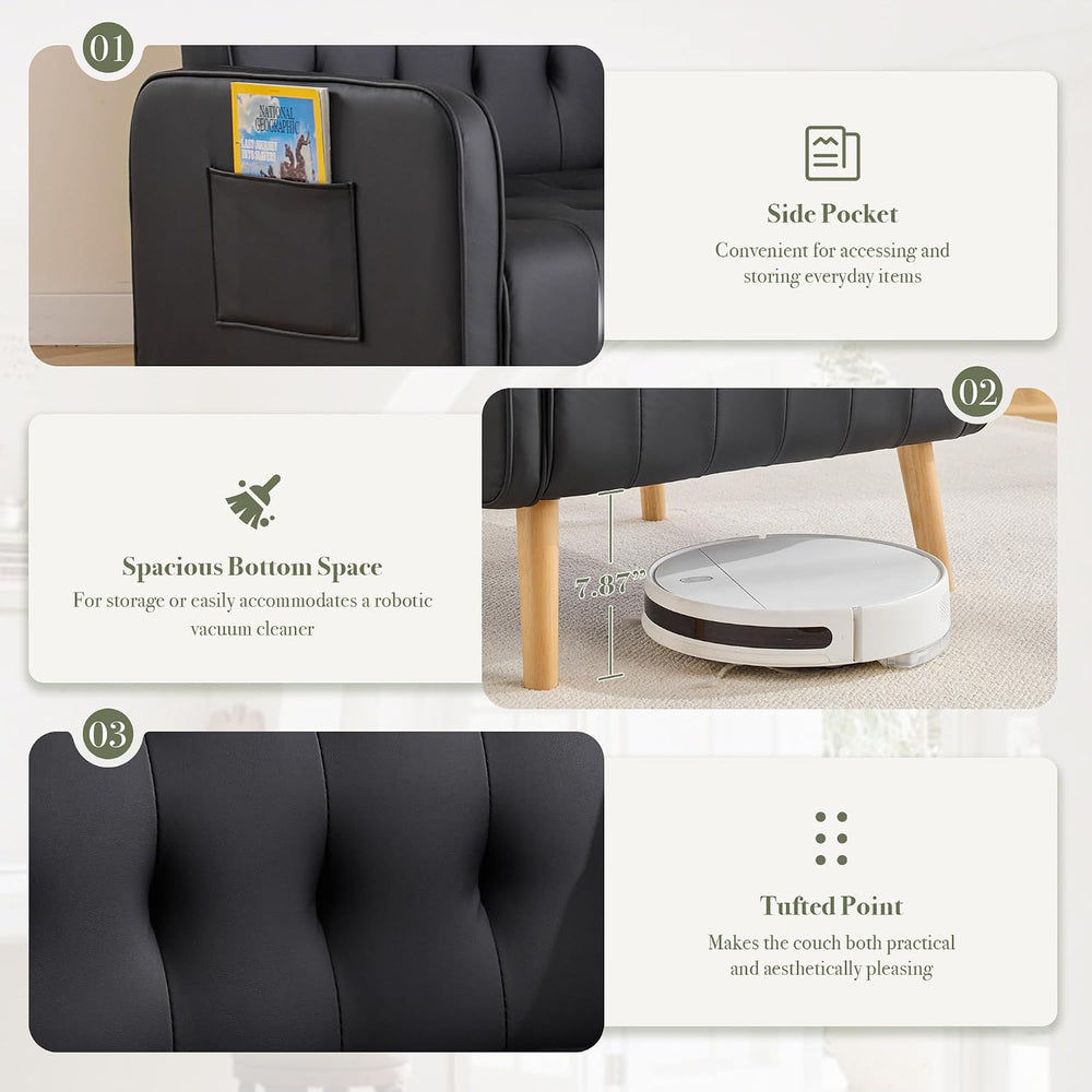 Leather Accent Chair Set of 2, Living Room Chair with Wooden Legs (Black)