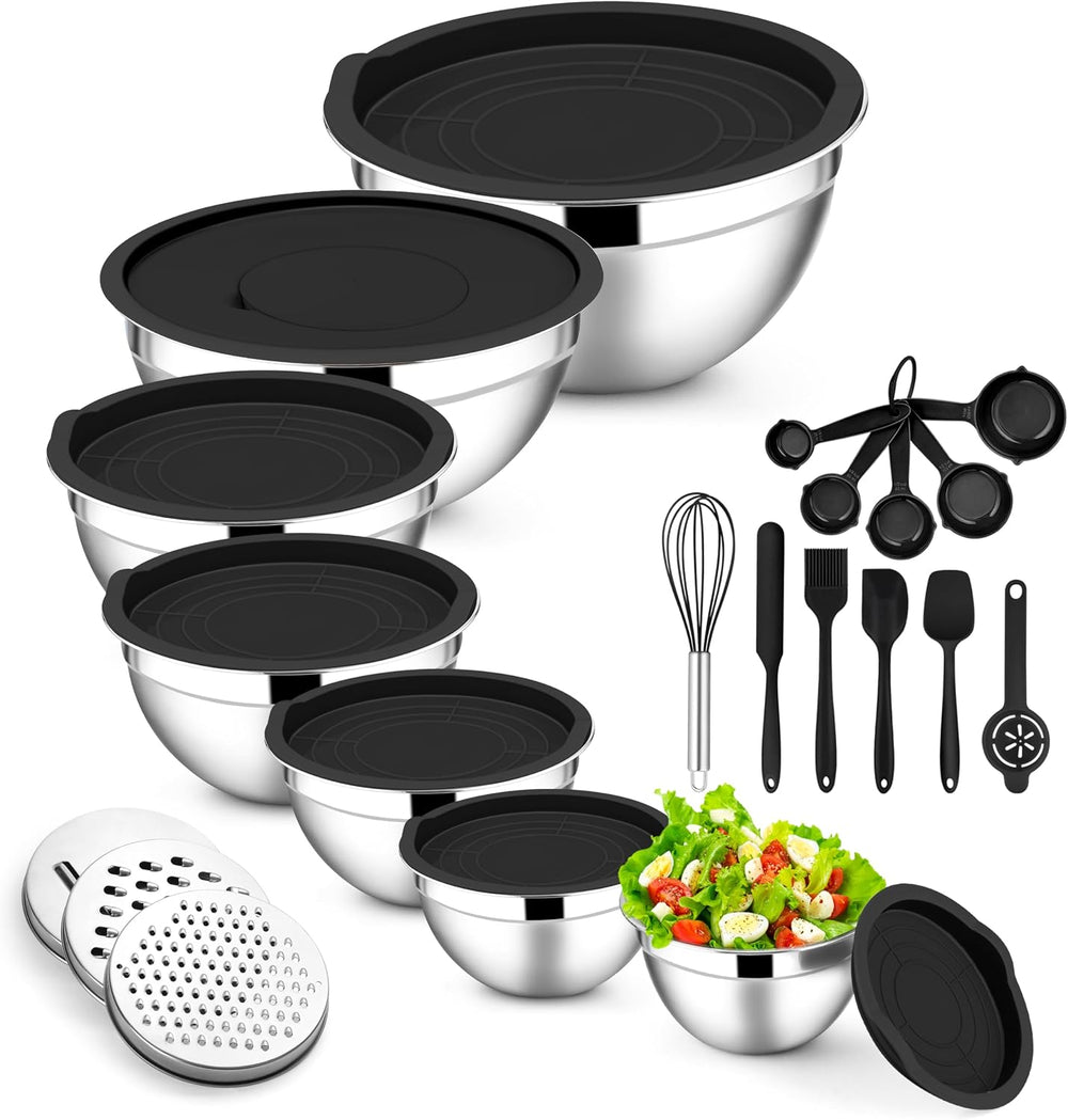 E-far Mixing Bowls with Lids Set, Size 7, Nesting Design & Black Airtight...