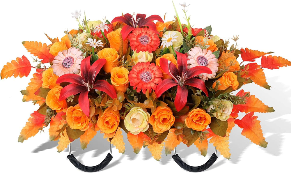 Artificial Cemetery Flowers Saddle Set, Rose and Daisy Grave Decorations with...