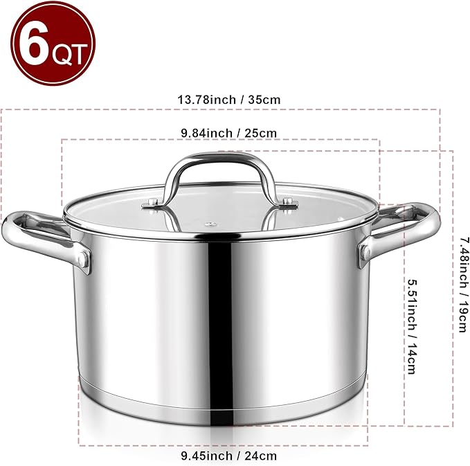 LIANYU 6 QT Stainless Steel Stock Pot, Kitchen Tri-ply Base Cooking Soup Pot - Image 2