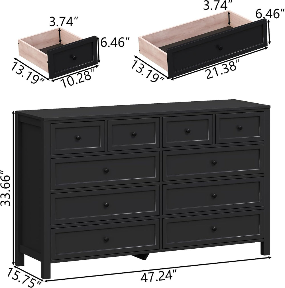 Black Dresser with 10 Drawers, Farmhouse Chest of Drawers for Bedroom