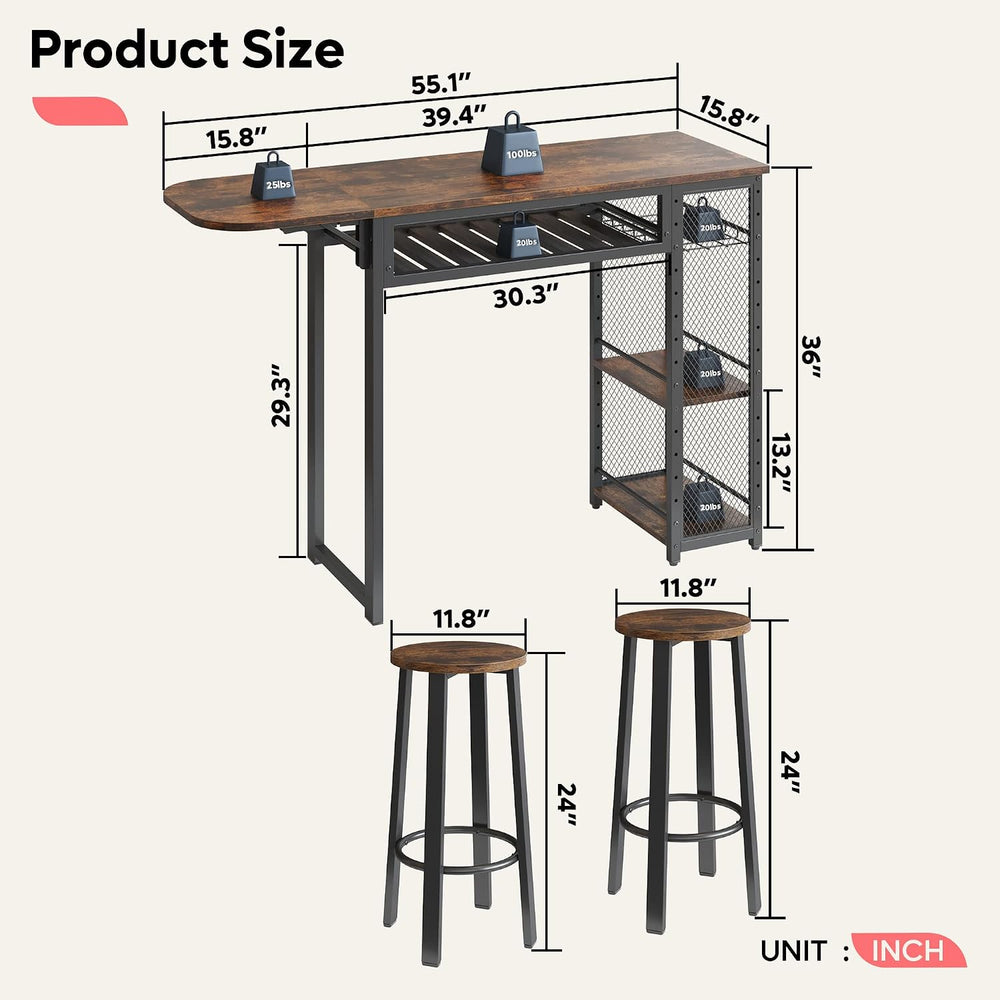 Bestier Bar Table and Chair Set, Expandable Dining Table with 2 Bar Stools, I...