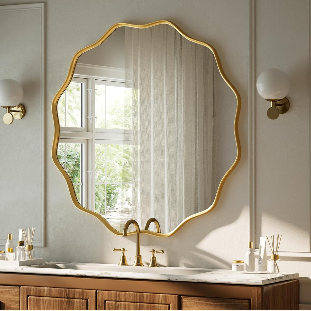 VooBang Gold Scalloped Circle Mirror, 30" Wavy Edge Round Wall Mirror