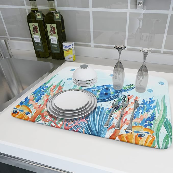 Giwawa Sea Turtle Dish Drying Mat 18x24in Watercolor Blue Tortoise Dish Drainer - Image 6