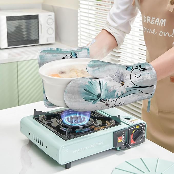 Teal Daisy Oven Mitts Pot Holders Set Silicone Heat Resistant Farm Teal Daisy - Image 6