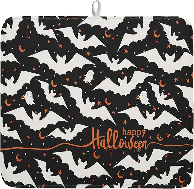 Halloween Black Bats Dish Drying Mat 16x18 Inch Happy Halloween Spooky Bat by Kawani