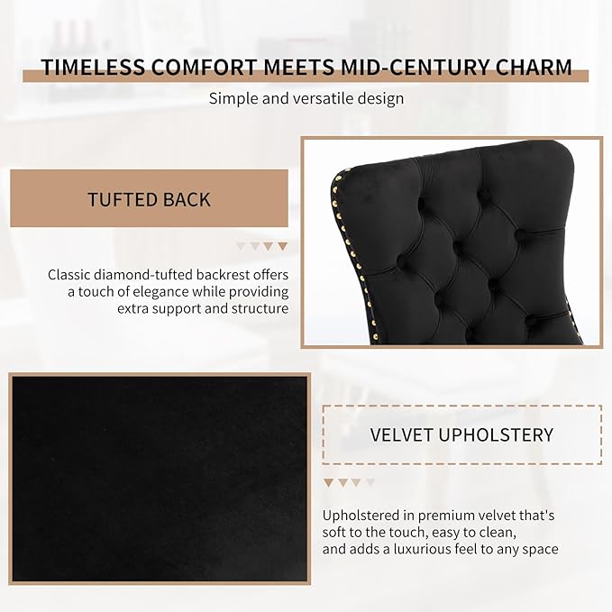 Mid Century Modern Dining Chairs Set of 6, Black Velvet Upholstered Tufted Ba...
