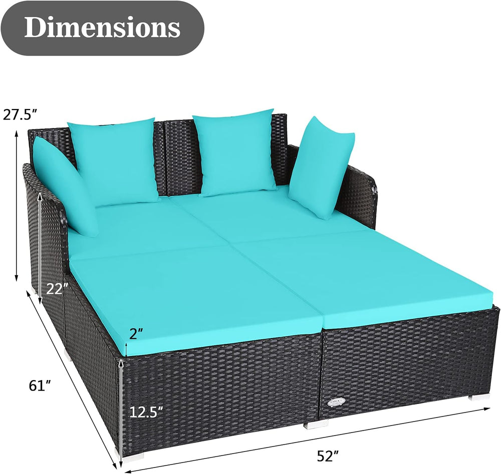 HAPPYGRILL Outdoor Rattan Daybed, Patio Sunbed Sofa Set with Cushion & Pi...