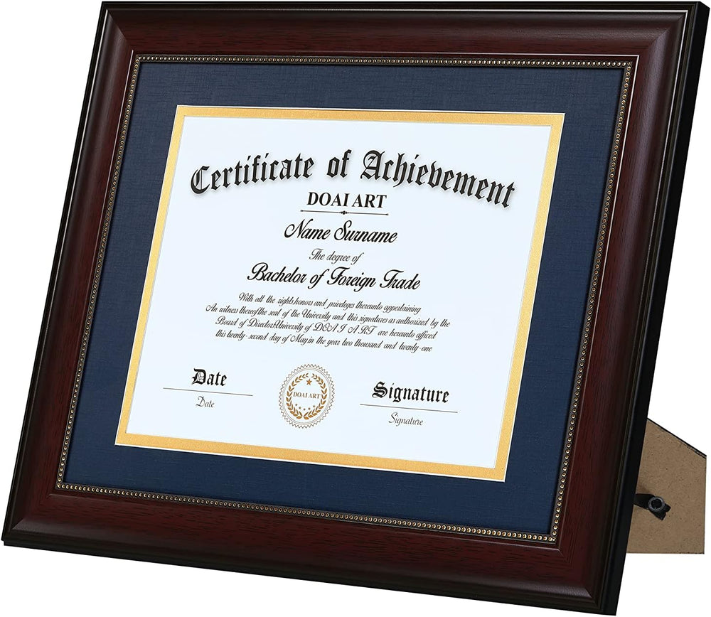 DOAI ART 8.5 x 11 Diploma Frame with Blue Over Gold Mat Classic Mahogany