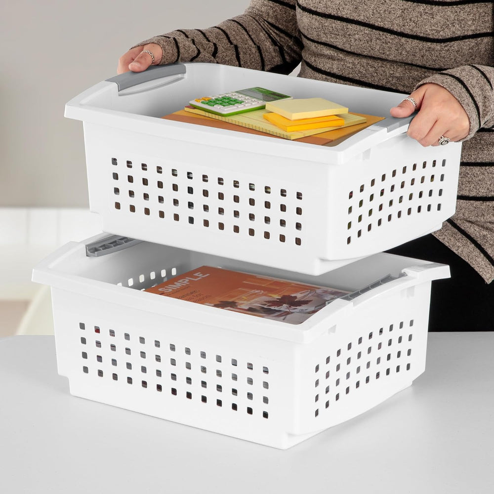 Sterilite Large Stacking Basket Plastic Storage Organizer, White, 4-Pack