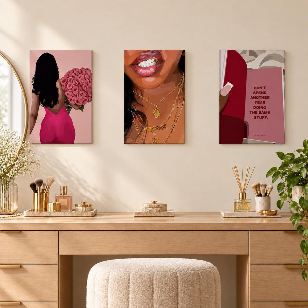 Pink Fashion Black Woman Canvas Wall Art Set of 3 African American Girl Wall ...