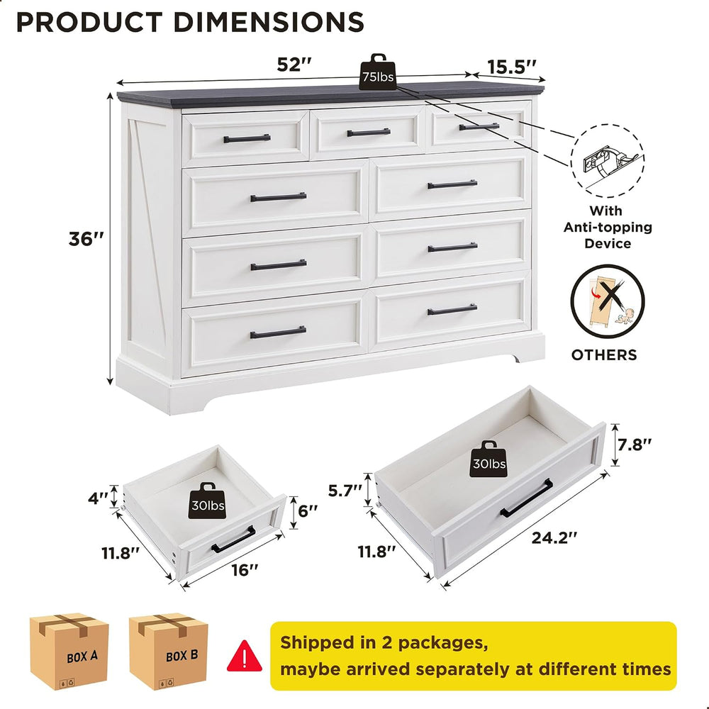 52" Wide Farmhouse 9 Drawer Dresser for Bedroom, Off White