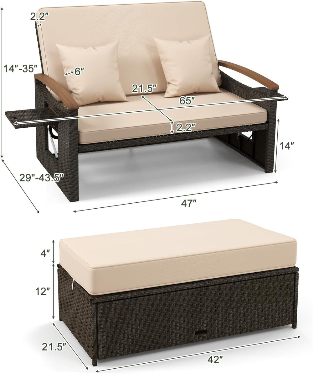 COSTWAY Patio Rattan Daybed, Outdoor Loveseat Sofa with Storage Ottoman