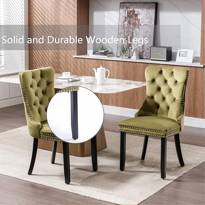 Velvet Dining Chairs Set of 4, Tufted Upholstered Wingback with Back Ring Pul...