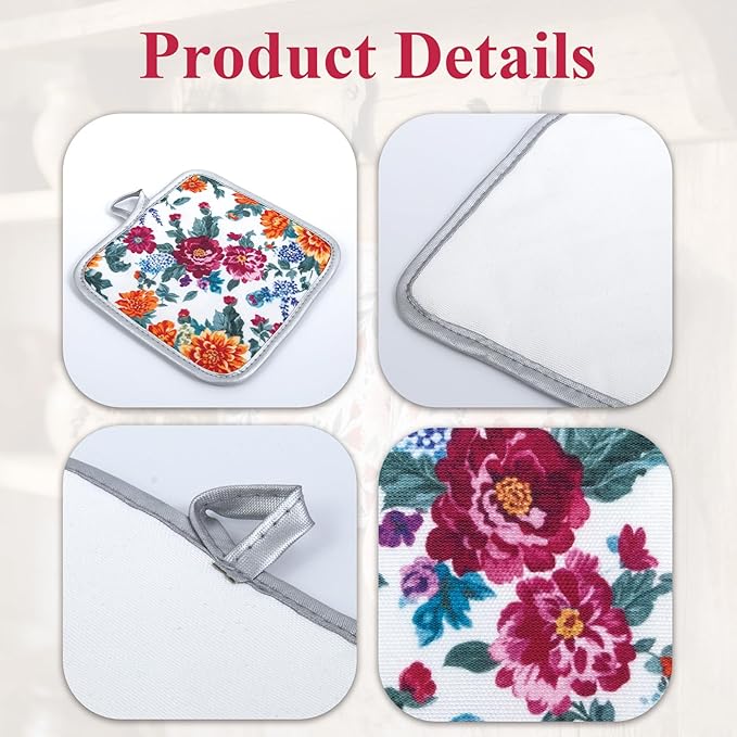 Floral Oven Mitts and Pot Holders Sets 2 Pcs, Canvas Heat Resistant Kitchen - Image 4