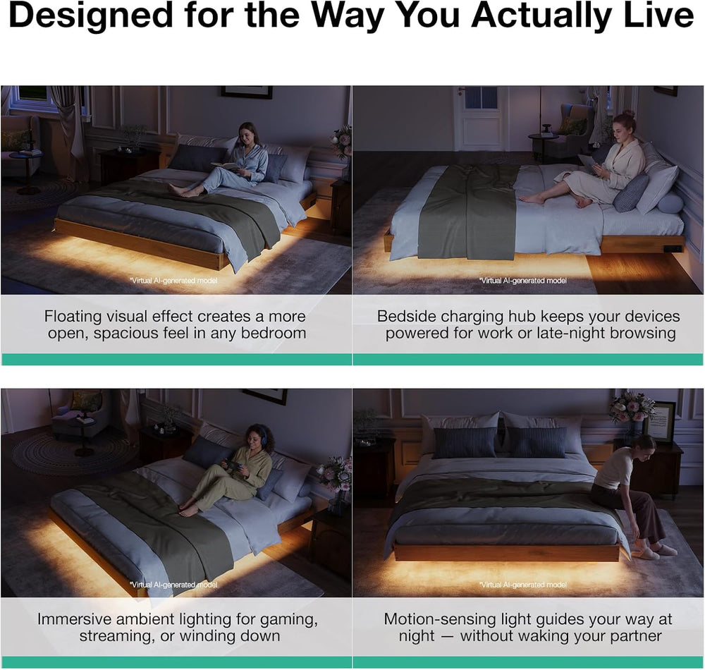Novilla Floating Solid Wood Queen Bed Frame with Motion Sensor LED Light &amp...