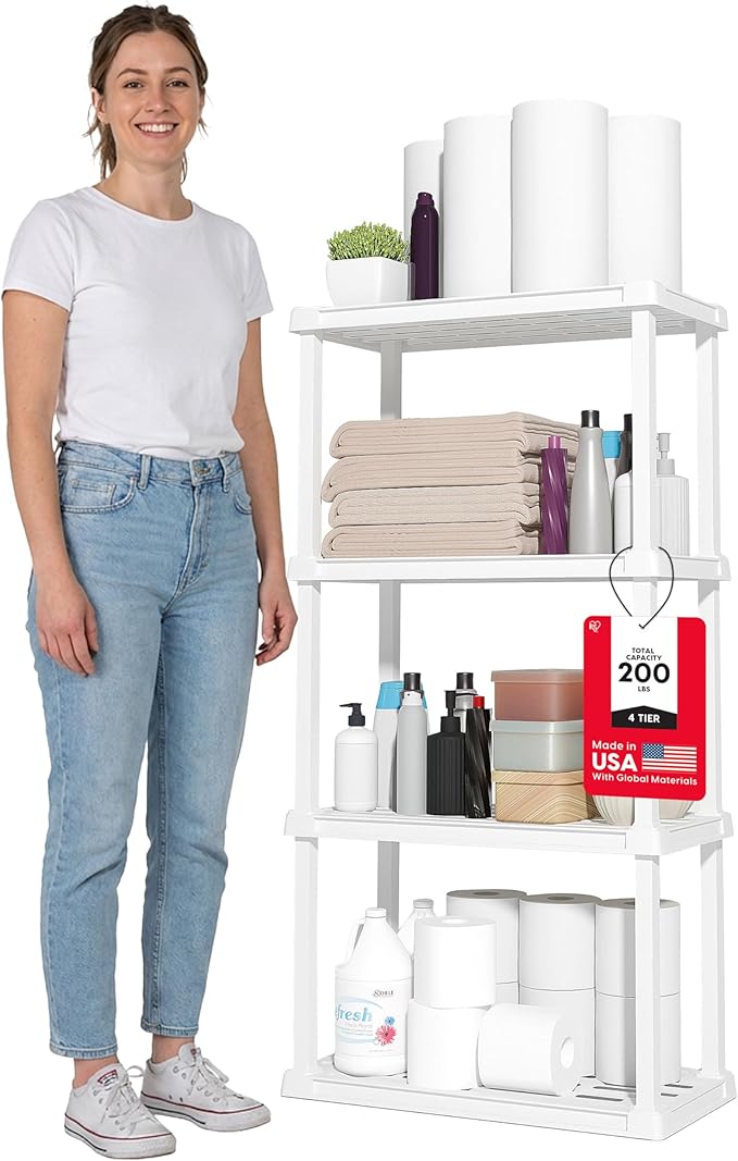 IRIS USA 4-Shelf Light Duty Plastic Storage Shelves, 200lb Capacity, Medium