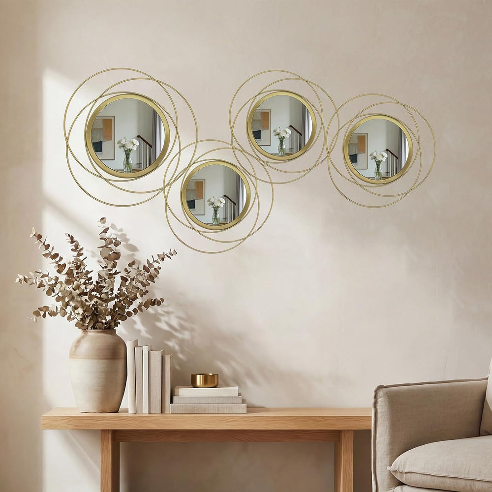 4 Piece Gold Round Wall Mirror Set Modern Metal Circles for Home Decor