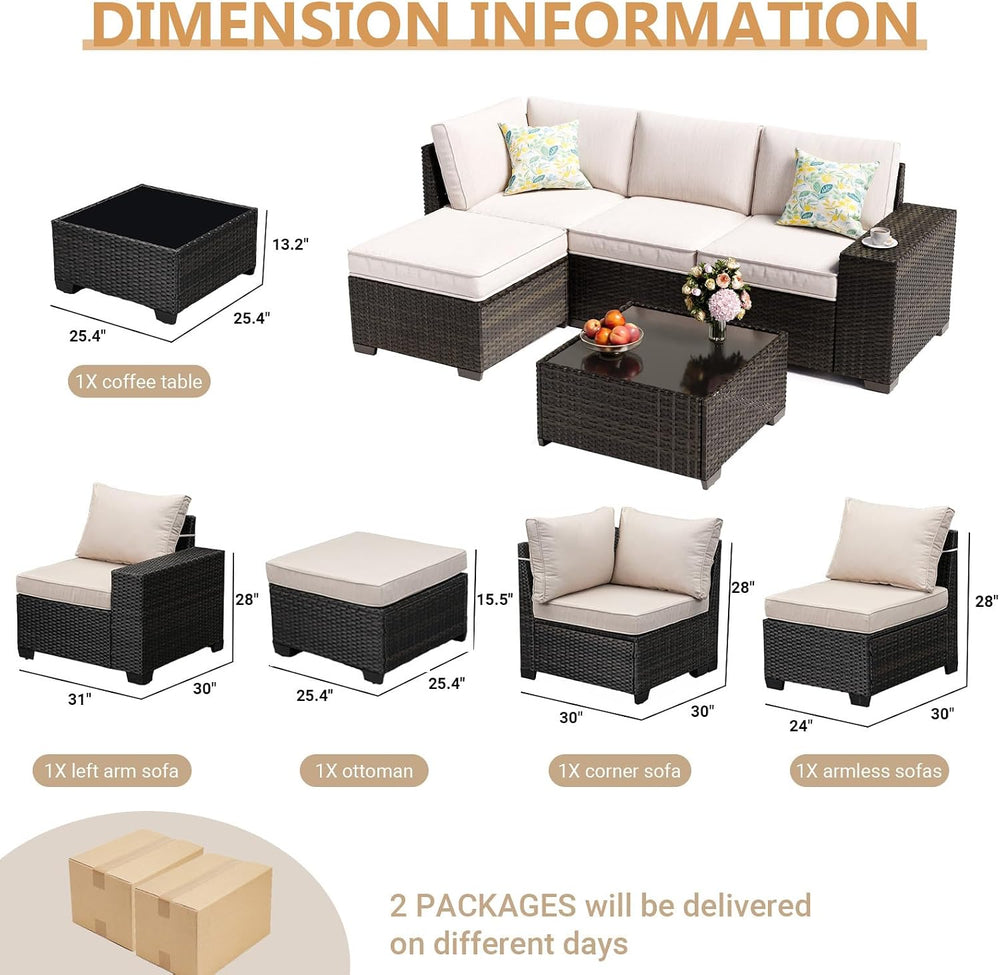 5 Pieces Patio Furniture Set, Outdoor Sofa with Waterproof Cushions&Ottom...