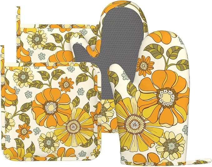 Retro 70s Style Flower Oven Mitts and Pot Holders Sets Silicone Kitchen Mitts by MIFSOIAVV