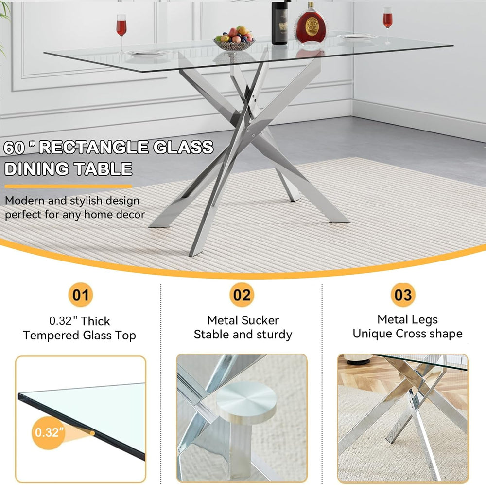 61" Rectangle Glass Dining Table for 4-6, Luxury Kitchen Table with Temp...