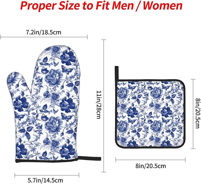 Blue and White Porcelain Floral Butterfly Oven Mitts and Pot Holders Set of 4 - Image 3