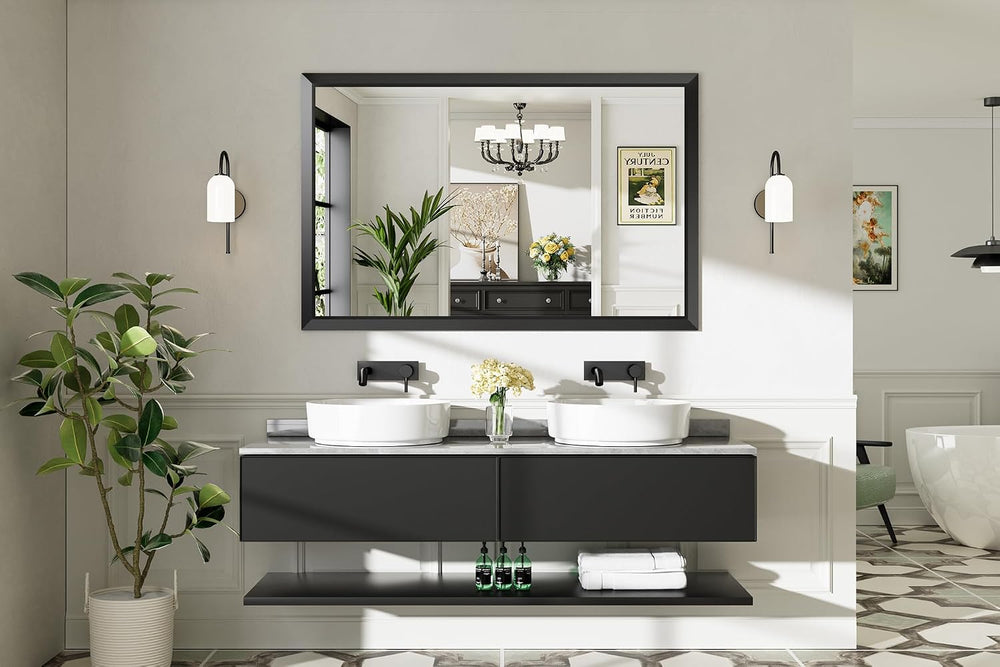 Black Metal Framed Bathroom Wall Mirror, 55x36 Inch