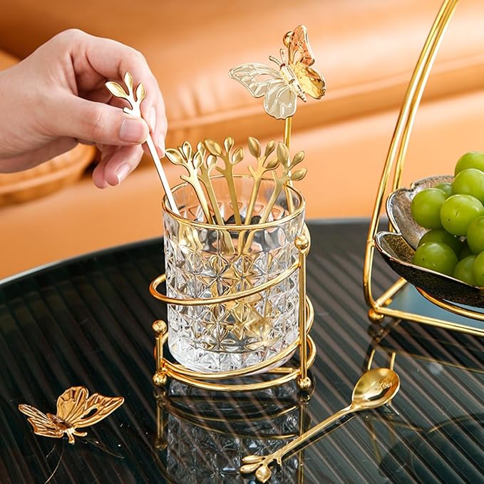 6PCS Coffee Spoons Set with Glass Holder, Small Stainless Steel Gold Tea Spoon by INPROPEXT
