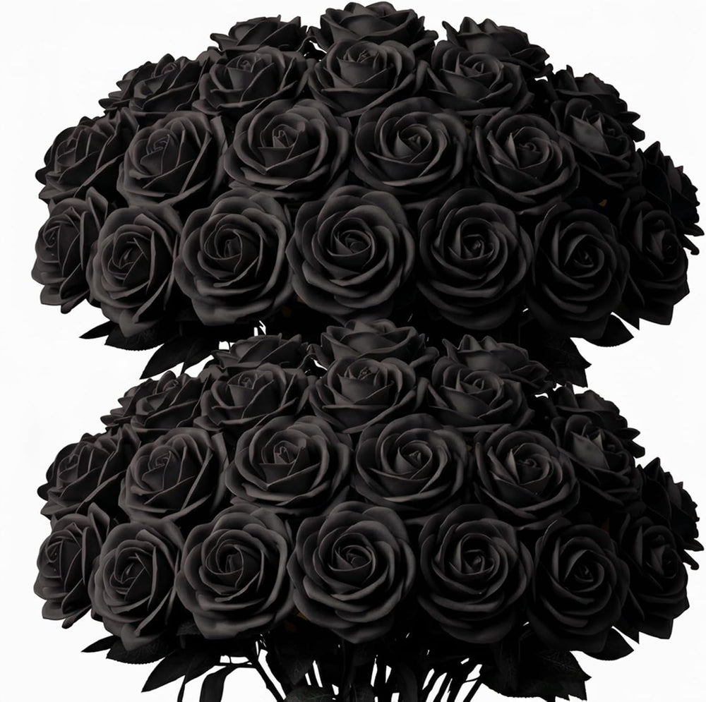 60 Pcs Black Velvet Artificial Roses Flowers with Black Leaves Real Looking L...