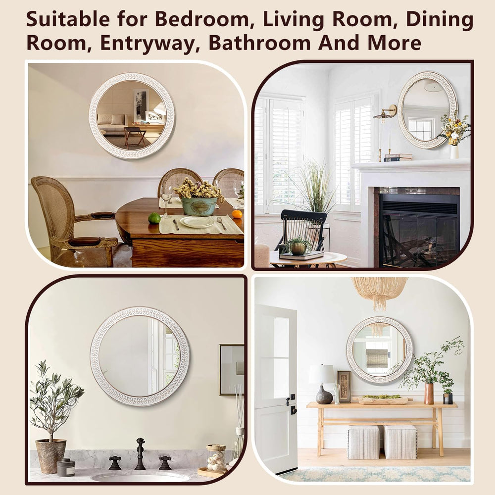 26 inch Round Mirrors for Wall Wood Circle Mirror with Carved Frame Rustic Ac...