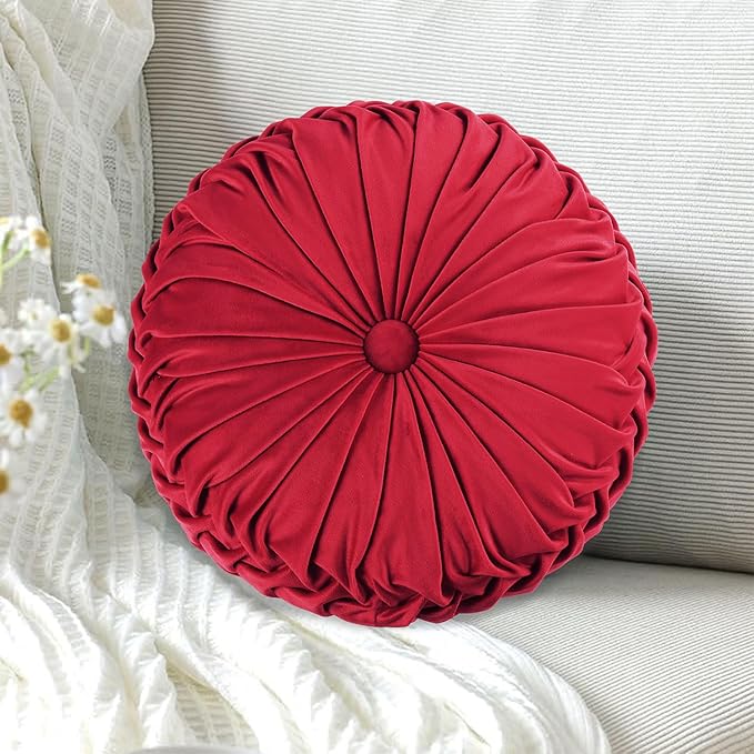 HIG Set of 2 Red Ruched Velvet Round Throw Pillows – 14.5’’ Decorative Pillows - Image 2