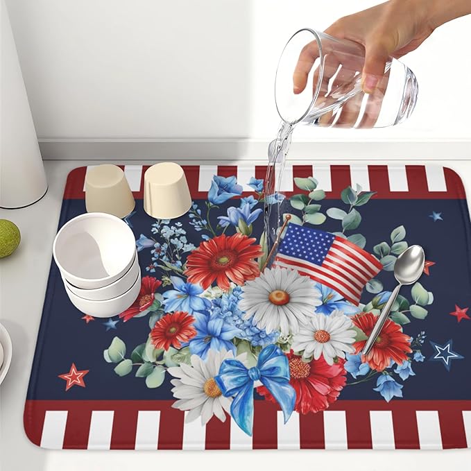4th of July Dish Drying Mat for Kitchen Counter Patriotic Red Blue and White - Image 6