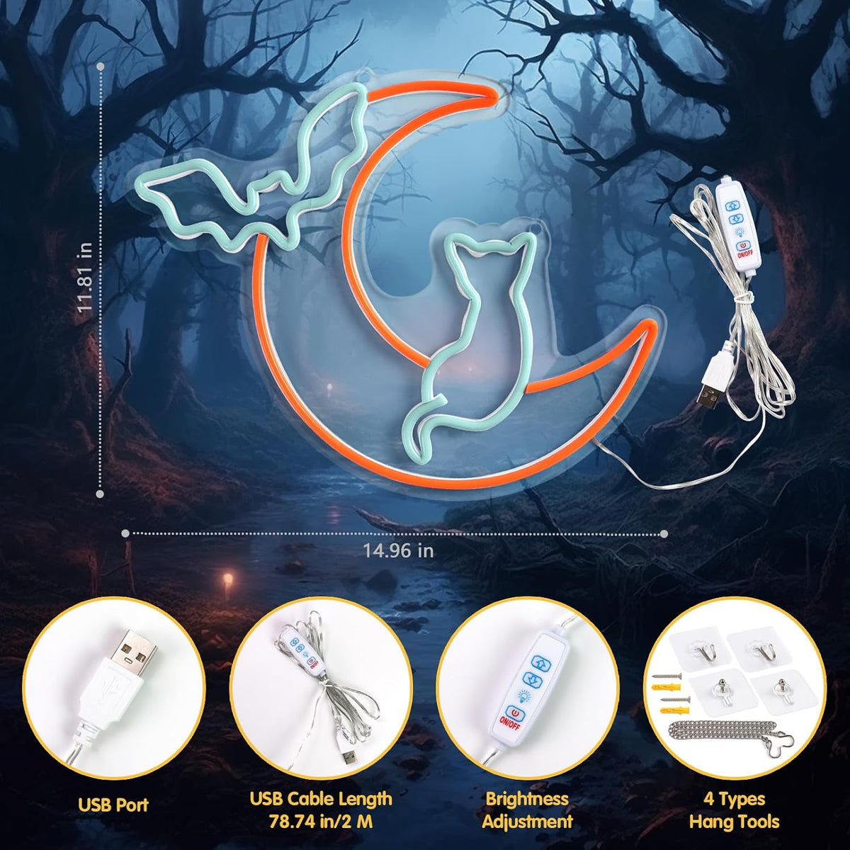 Halloween Neon Sign Wall Decor - Moon&Bat&Cat Themed Halloween LED Lights