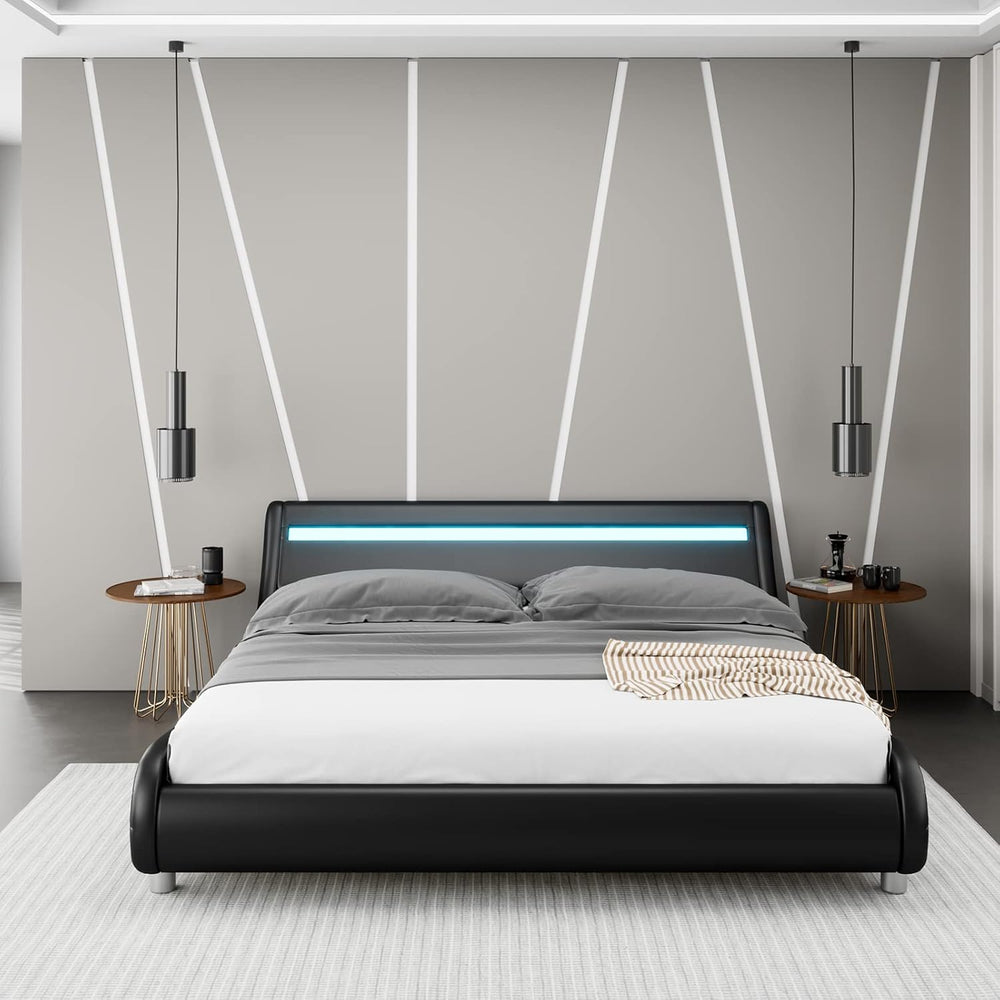 Keyluv Upholstered Full LED Bed Frame with Headboard, Modern Low Profile Plat...