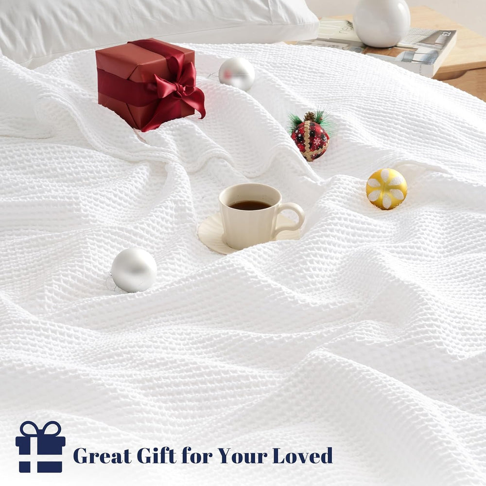 PHF 100% Cotton Waffle Blanket Lightweight Breathable, Queen Size, White