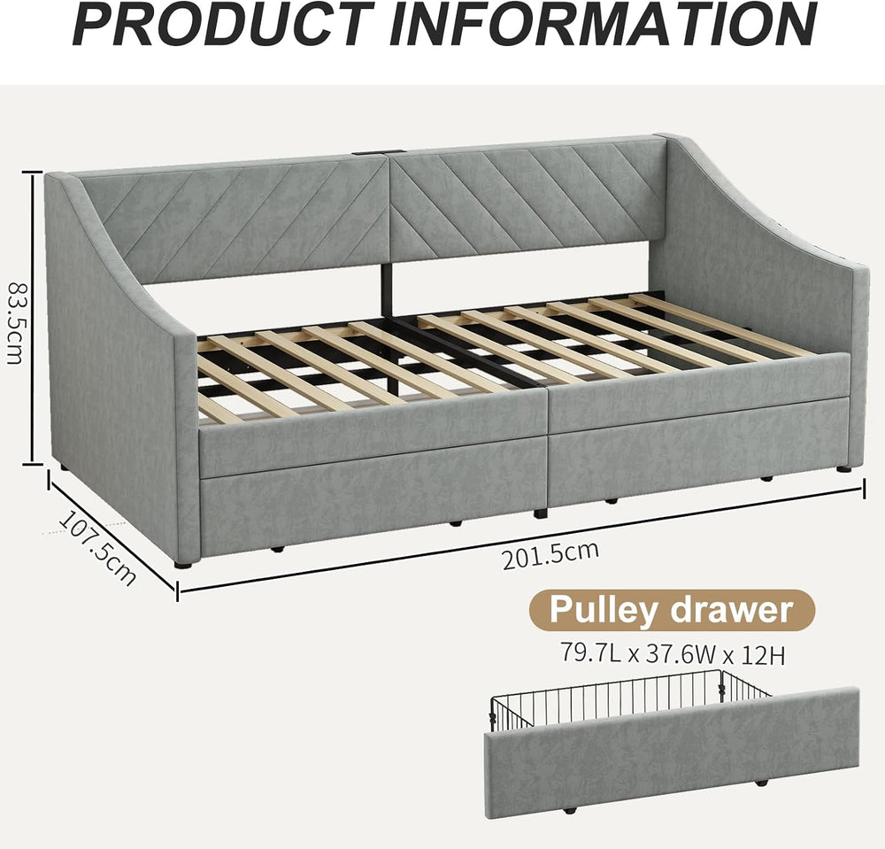 Twin Daybed with Upholstered Headboard and Charging Station, Daybed with Trun...