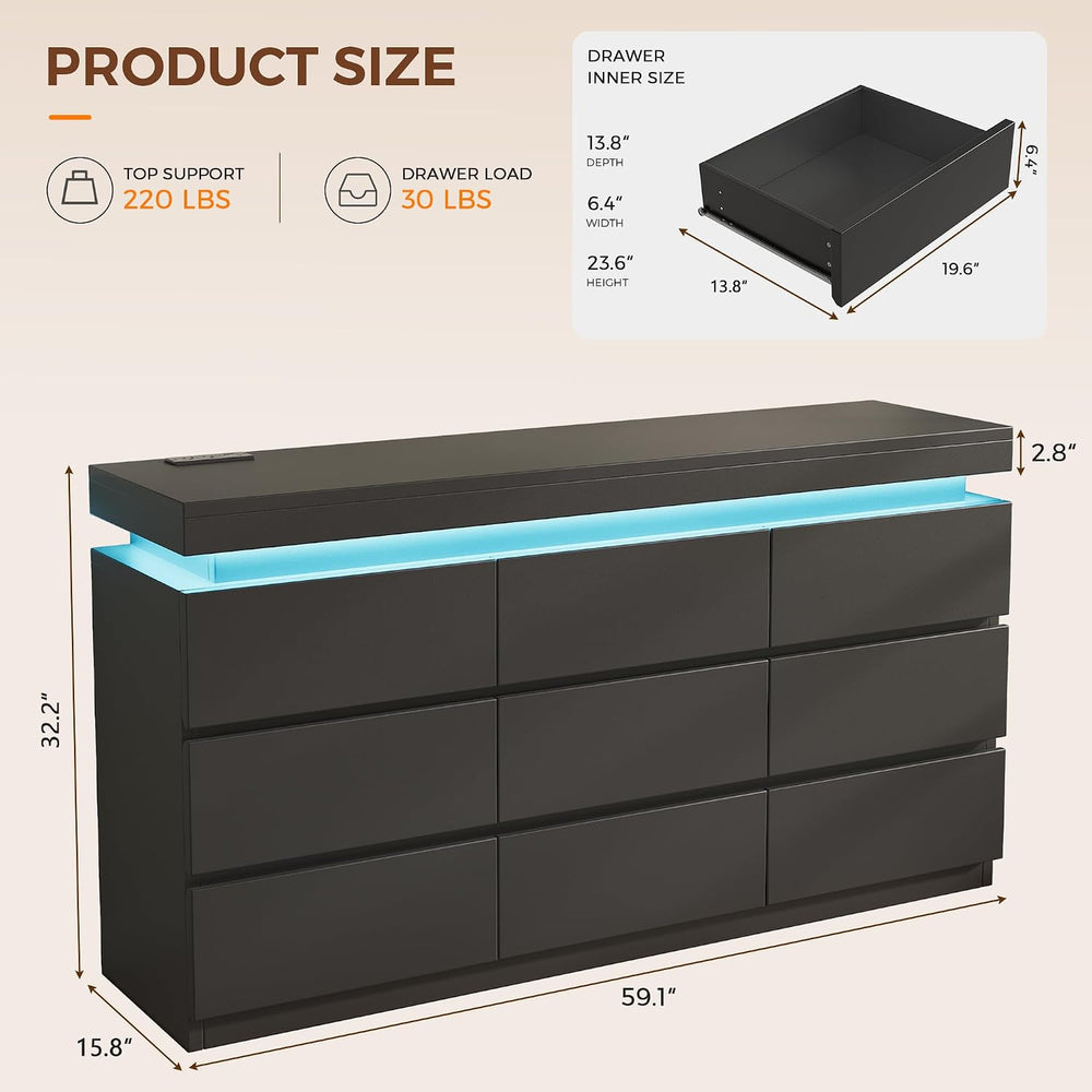9 Drawer Dresser with LED Lights and Charging Station, Modern Black Dresser