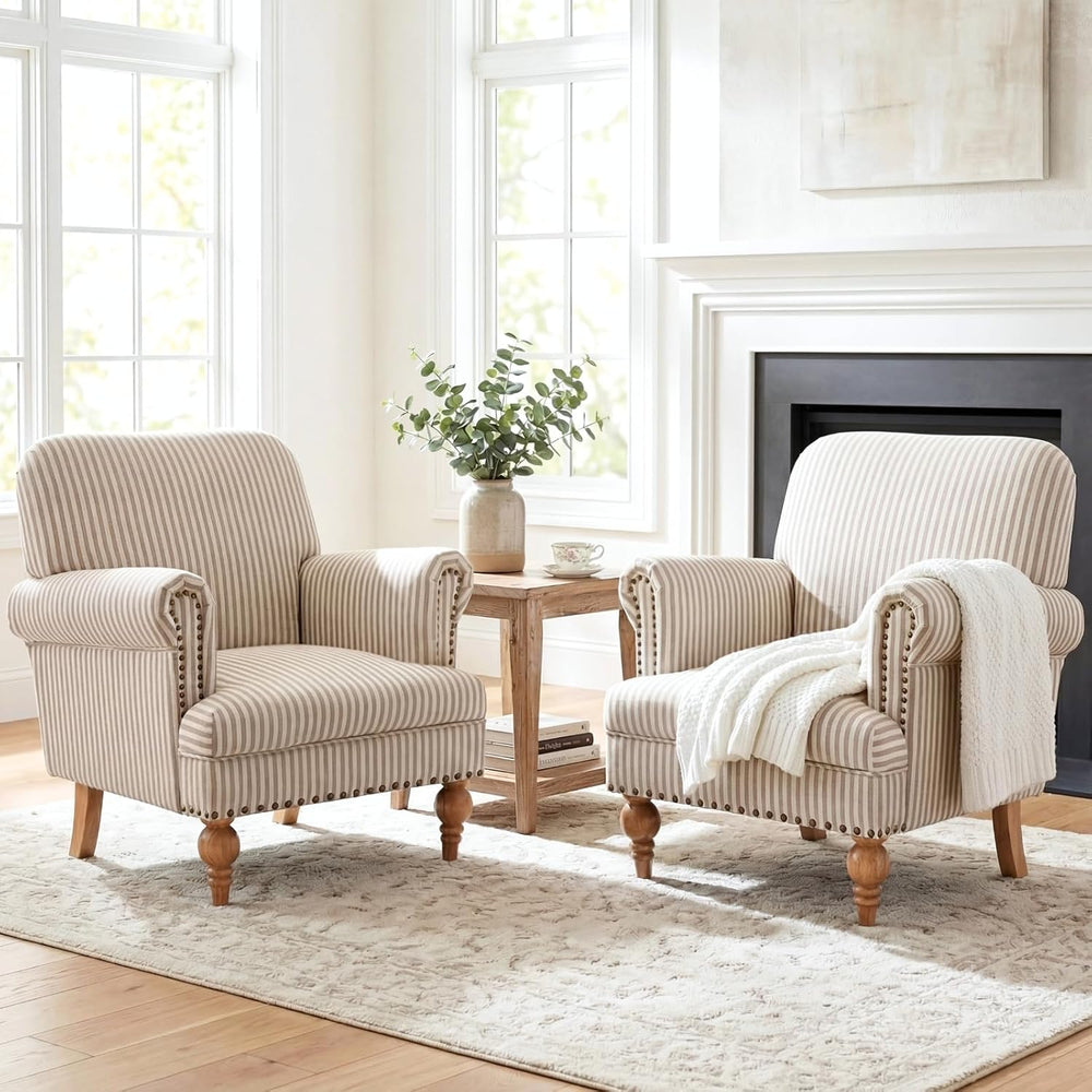 Khaki Striped Linen Fabric Accent Chairs Set of 2, Modern Farmhouse Upholster...