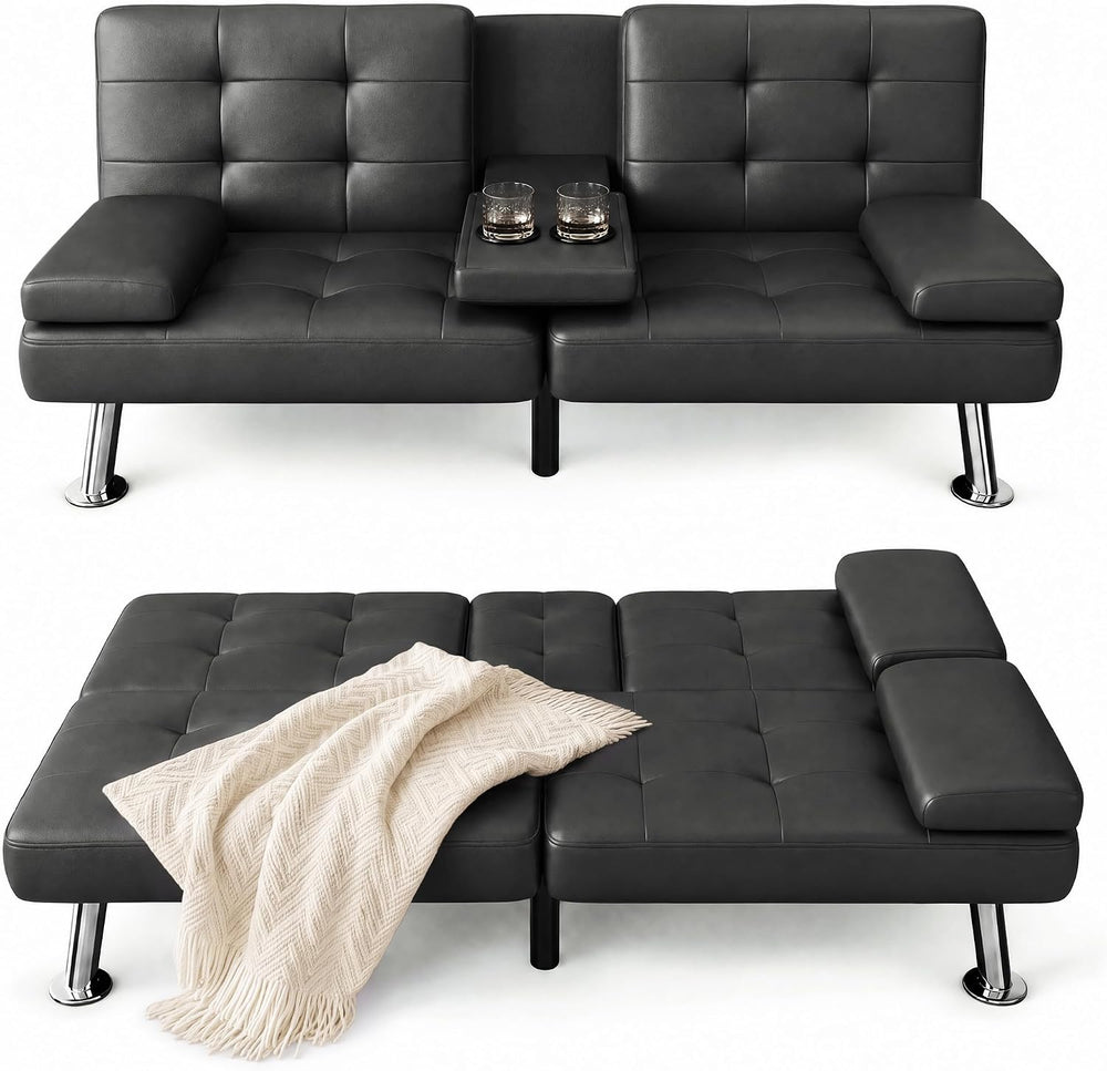 Furmax Convertible Futon Sofa Bed with Adjustable Backrest & 2 Cup Holders