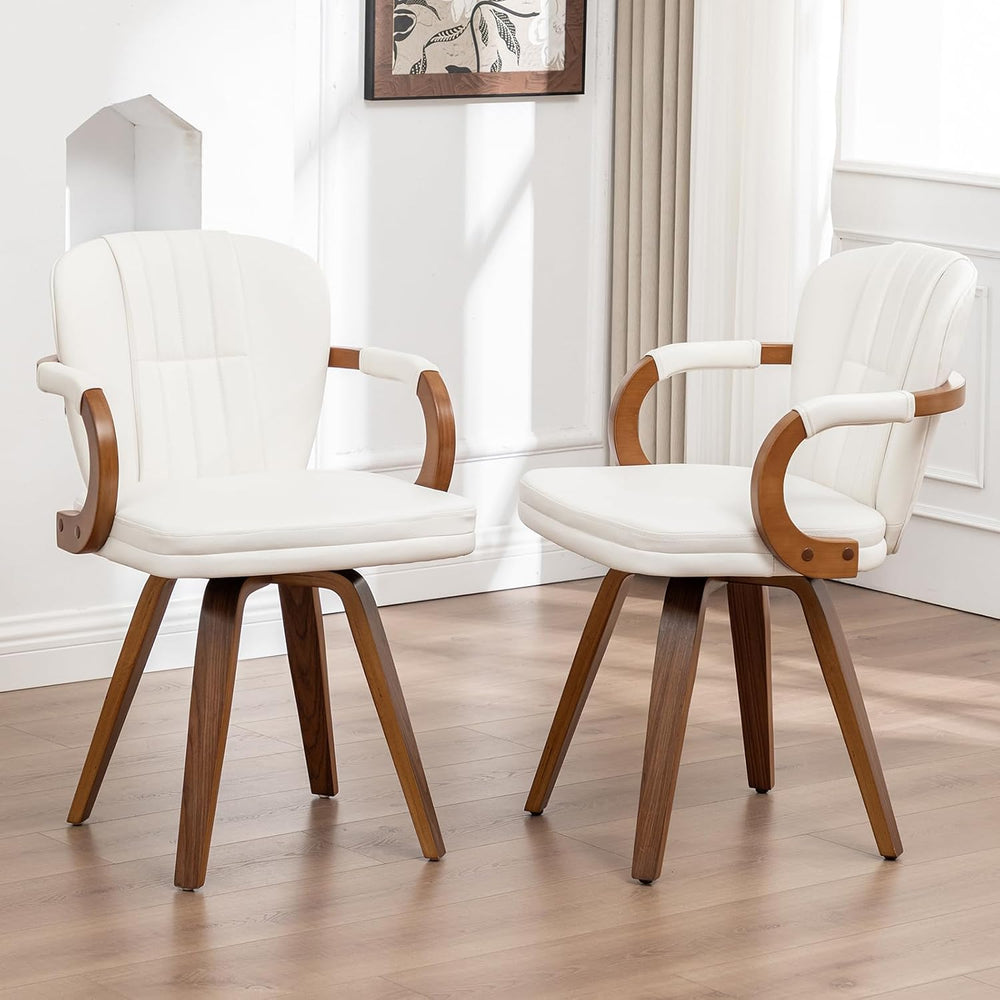 Swivel Dining Chairs Mid Century Modern White Faux Leather Upholstered Kitche...