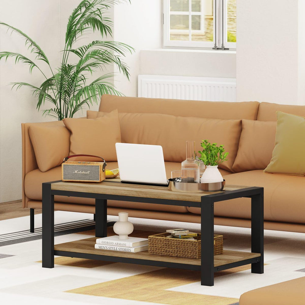 BON AUGURE Coffee Table with 2-Tier Open Shelf, Industrial 43In Vintage Oak