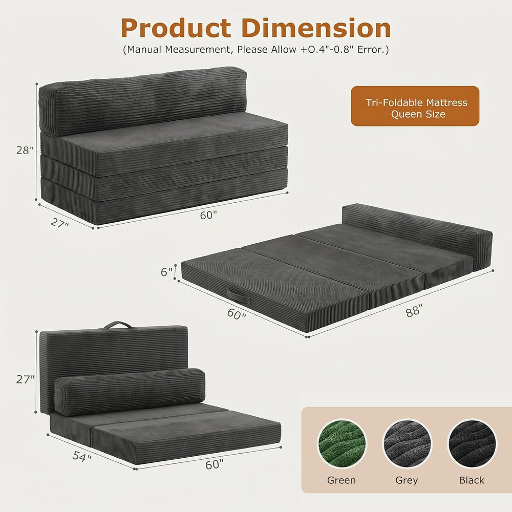 JUIKURY 6 Inch Tri-Fold Memory Foam Mattress Queen Size, 5 in 1 Convertible S...