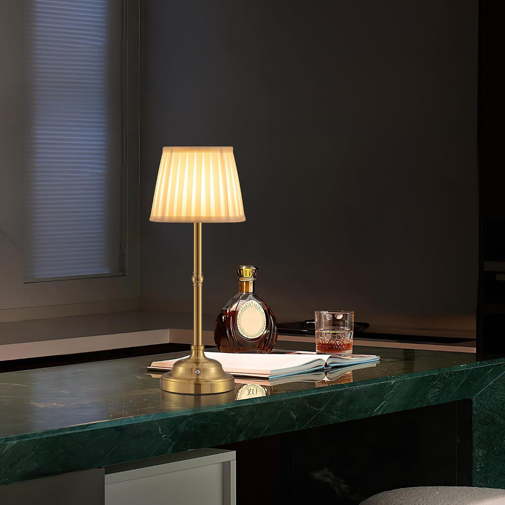 KDG Gold Cordless Portable LED Table Lamp, Beige Fabric Shade Desk Lamp