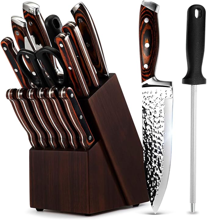 Kitchen Knife Sets with Block, 15-Piece High Carbon Stainless Steel Knife Block by KroWallu
