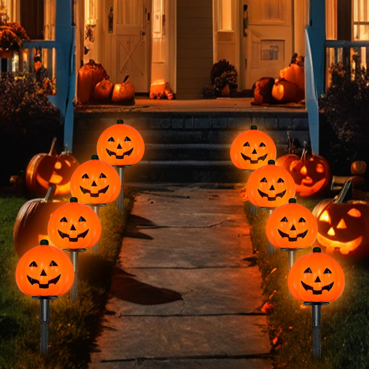 2 Sets 7Ft Halloween Decorations Pathway Lights Outdoor Pumpkin Stake Lights with 8 Jack-O Lantern Pumpkin Lights, 5 C7 LED Bulbs and 8 Stakes for Walkway Driveway Garden Lawn Lighting and Decor