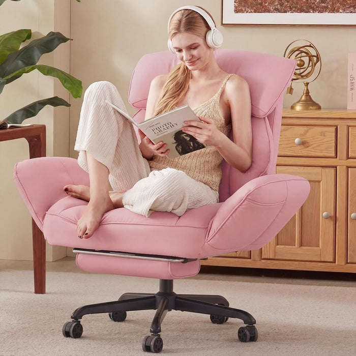 Dowinx Cross Legged Office Chair with Pivoting Armrests,Criss Cross Chair with Pocket Spring Seat & Back,Reclining Computer Gaming Chair with Footrest and Metal Base (Pink)