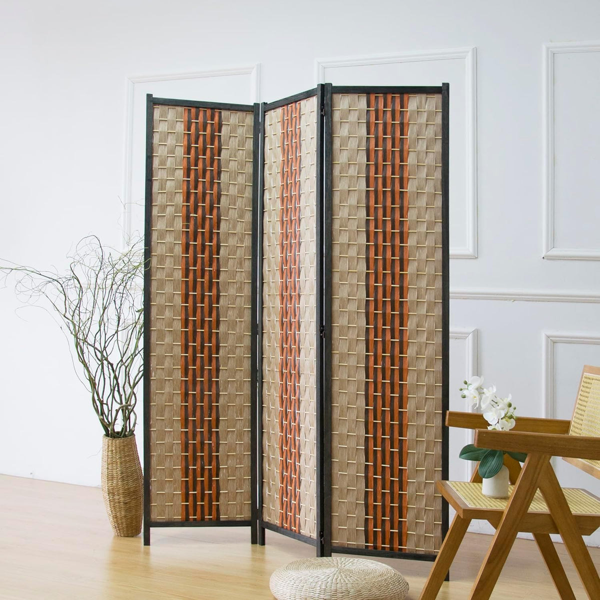 furnnylane 3 panel rattan room divider, beige orange shown in use
